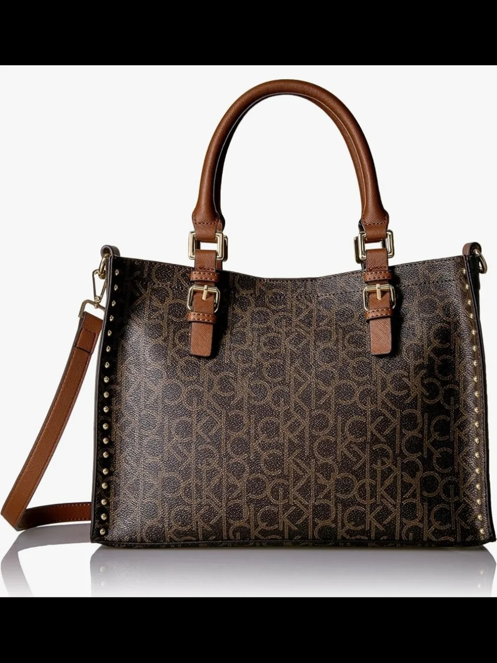 Calvin Klein Brown Monogram Satchel with Tan Trim